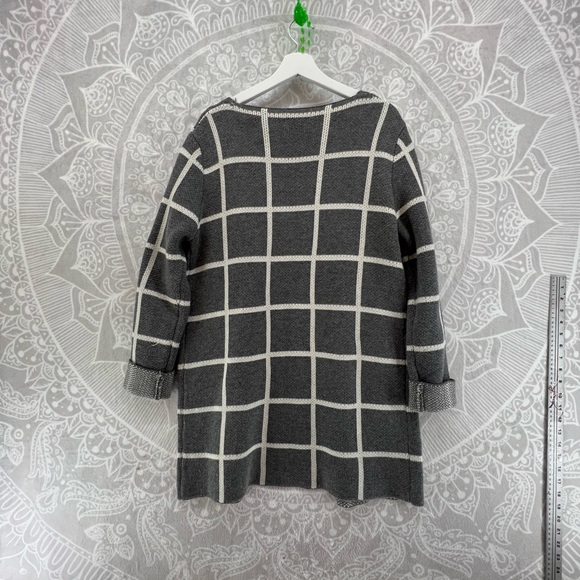 GORGEOUS LONG OPEN FRONT CARDIGAN SWEATER WINDOW PANE GRAY CREAM XL VGUC - Picture 6 of 11